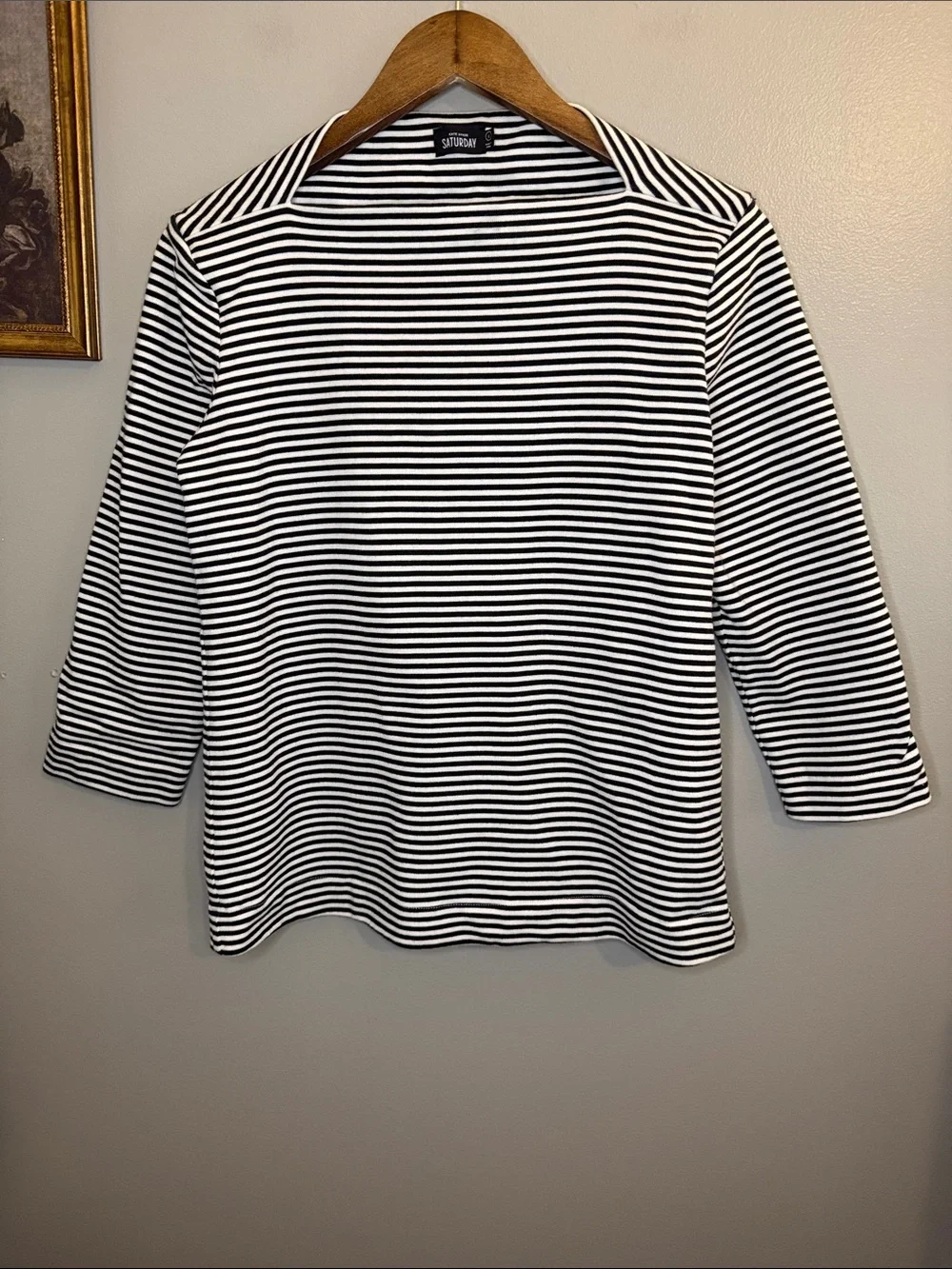 Kate Spade Saturday Striped Boat Neck 3/4 Sleeve Cotton Knit Top L Black White
